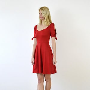 NANETTE | Red Summer Dress.  Vintage Style 1940s 1950s Midi Dress. Scoop Neck Skater Dress. Cold Shoulder Dress. Size Medium