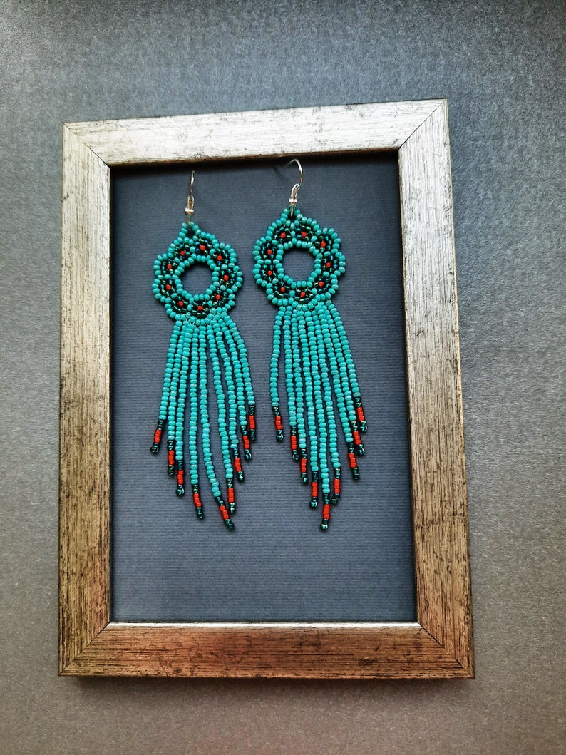 Handmade bridesmaid turquoise red beadwork fringe beaded earrings in native american style wedding