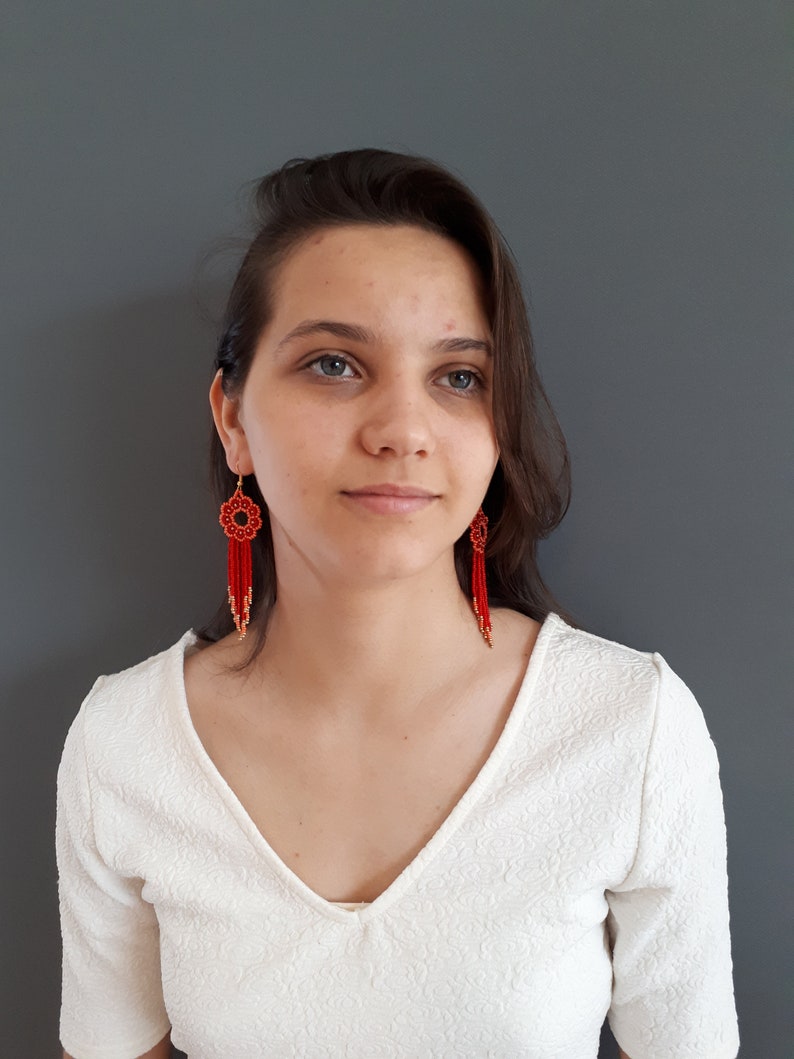 Handmade bridesmaid turquoise red beadwork fringe beaded earrings in native american style wedding