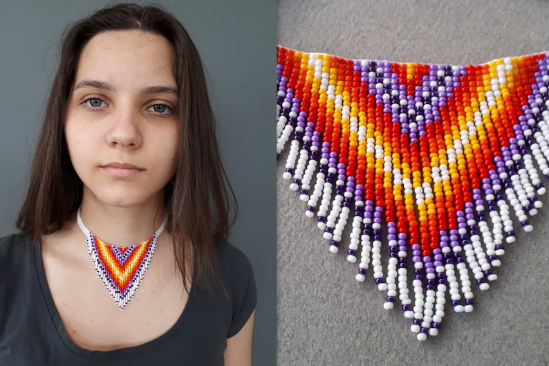 Native American Style Beaded Choker Bright Fringe Necklfce Etsy