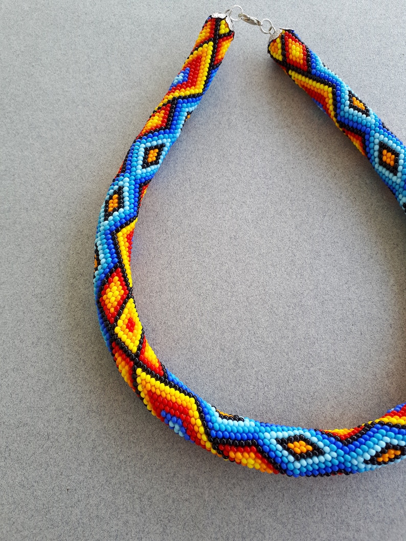 Native american style crochet beaded rope necklace geometric Etsy