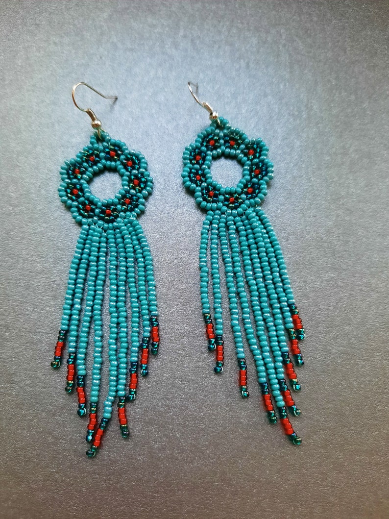 Handmade bridesmaid turquoise red beadwork fringe beaded earrings in native american style wedding