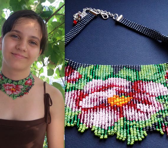 Bead Necklace Tea Rose Necklace Gift Ideas Beadwork Etsy