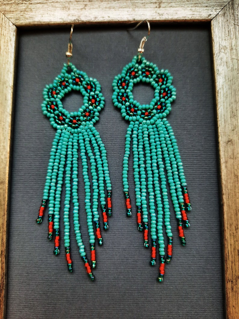 Handmade bridesmaid turquoise red beadwork fringe beaded earrings in native american style wedding