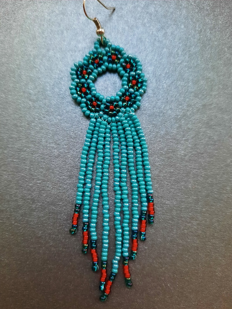 Handmade bridesmaid turquoise red beadwork fringe beaded earrings in native american style wedding