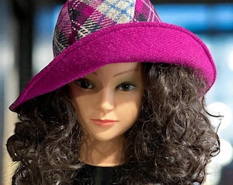 Fuchsia Wool Fedora with Orb Label - Stylish Wide Brim Hat in Harris Tweed