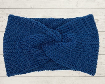 Ladie's winter navy ear warmers, knitted warm headbands, women's turbans, lovely head wrap for messy bun or ponytail.