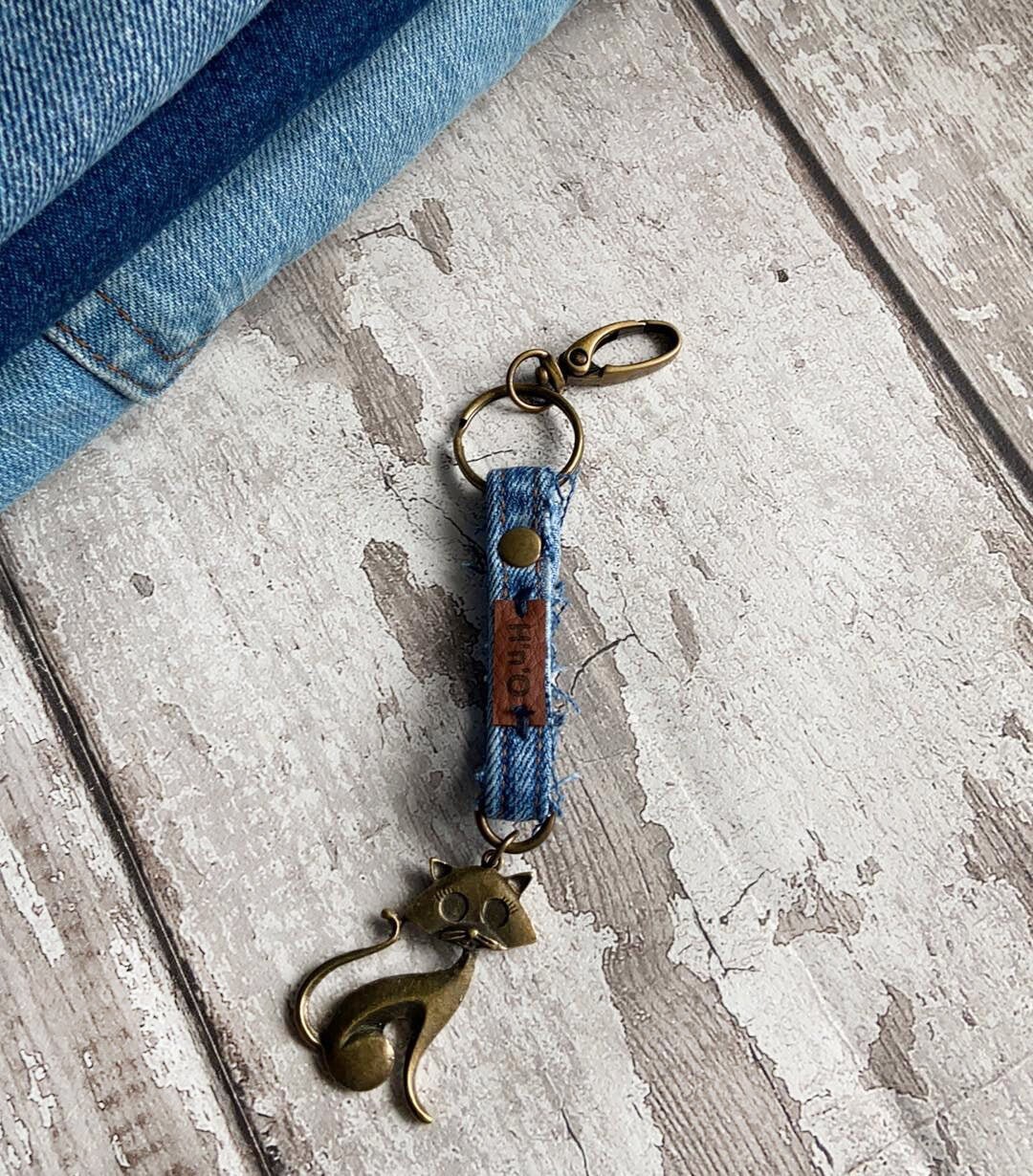 Denim straps keychain with charms small key chain key fob Etsy