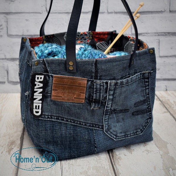 Fabric denim storage basket with handles and two pockets, craft storage, books carrier, sewing basket, gardener's tote basket