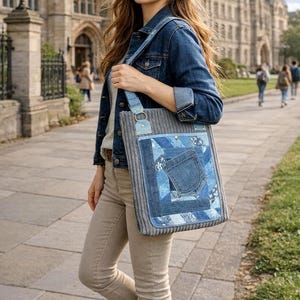 Op de afbeelding: Een grijze corduroy tote bag met een denim patchwork design aan de voorkant. De tas heeft een denim zak en een lichtblauwe band. De persoon draagt een spijkerjasje en een beige broek.