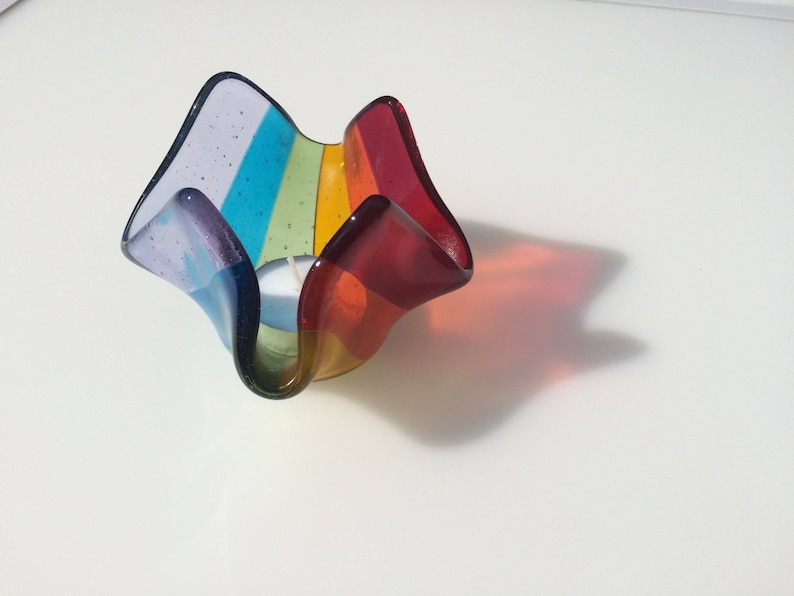 Rainbow fused glass tea light holder, rainbow candle holder, rainbow votive image 7