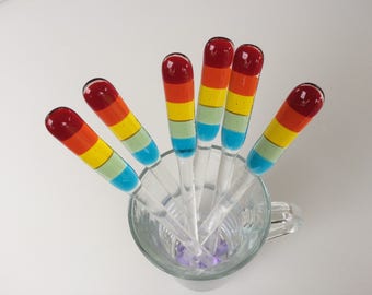 Rainbow cocktail stirrers, set of six fused glass drink stirrers, party gifts