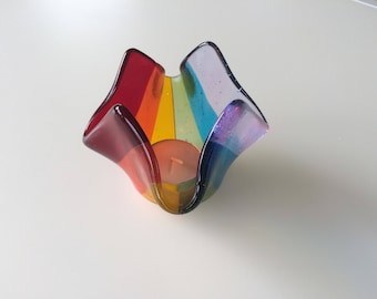 Rainbow fused glass tea light holder, rainbow candle holder, rainbow votive