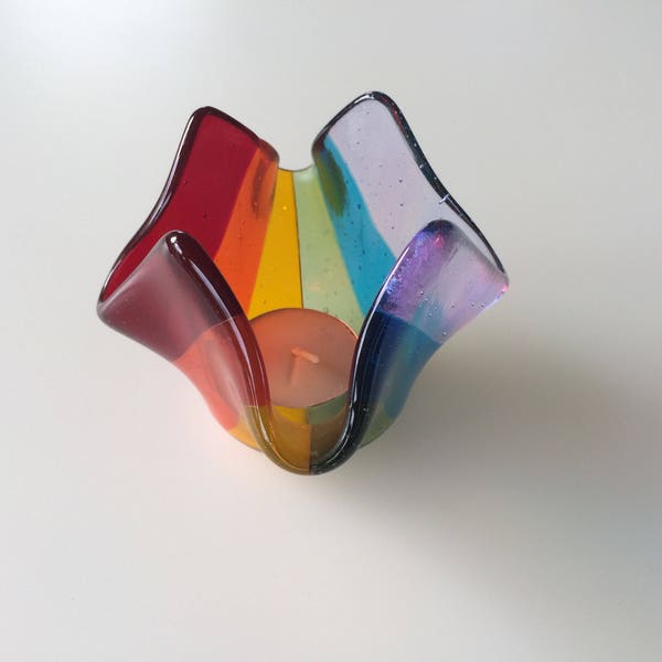 Rainbow fused glass tea light holder, rainbow candle holder, rainbow votive