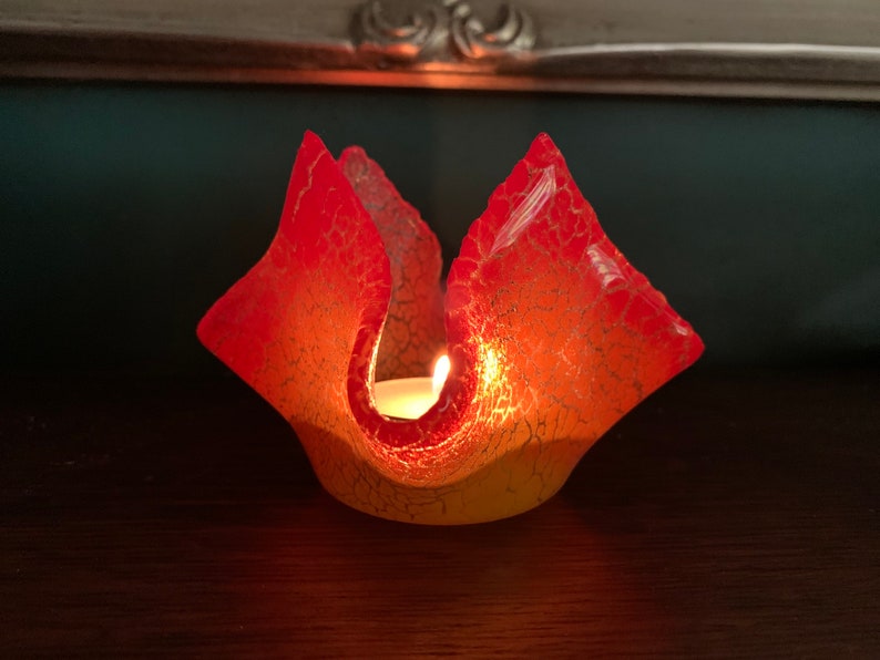 Flammen-Teelicht, Teelichthalter aus Glas, rotes und orangefarbenes Votivlicht Bild 4