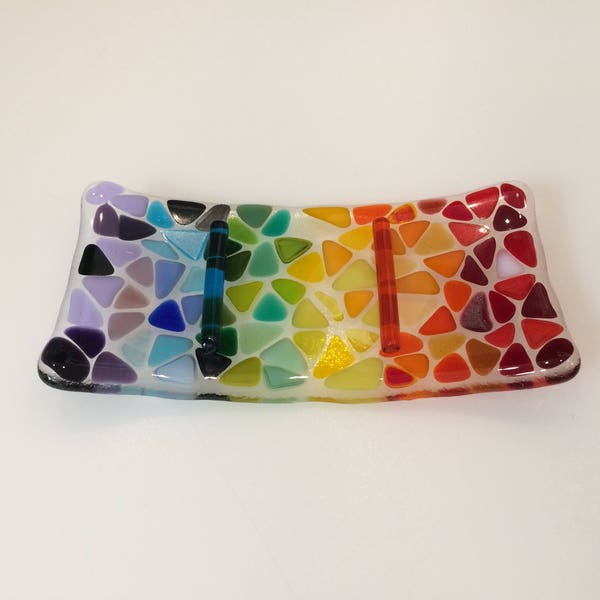 Rainbow fused glass soap dish