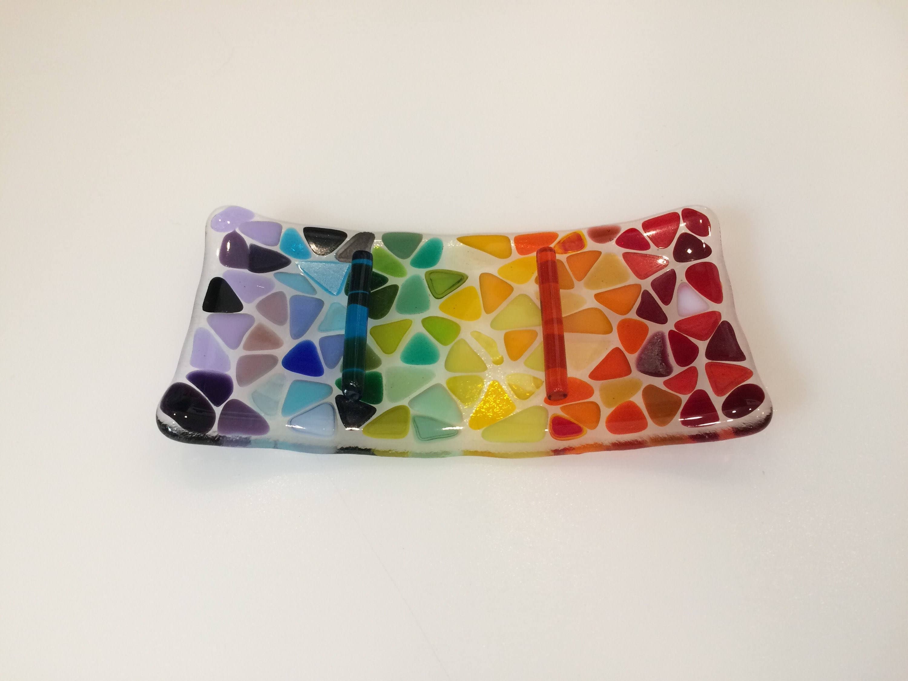 Rainbow fused glass soap dish