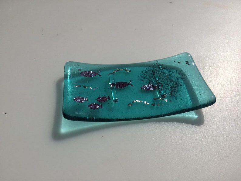 Blue glass soap dish, fish soap dish, glass soap holder image 2