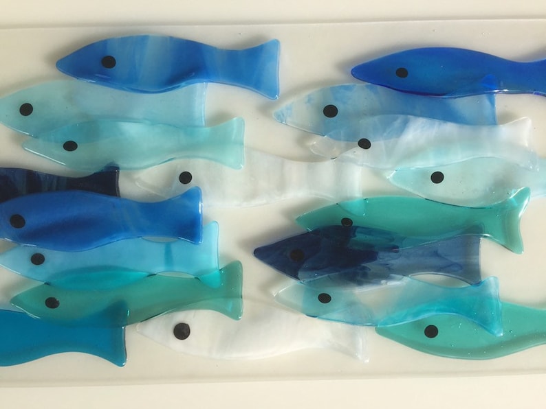 School of Blue Fish Fused Glass Fish Wall Art Mounted Shoal Etsy