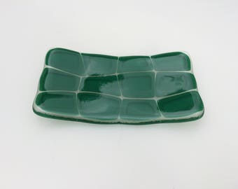 Green turtle patterned fused glass soap dish, handmade glass soapdish for kitchen or bathroom decor