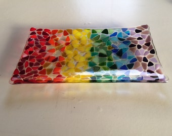 Large rainbow fused glass dish, rectangular fused glass bowl with a rainbow design