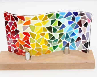 Rainbow fused glass wave, mosaic glass suncatcher mounted on a wooden base