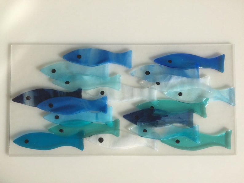 School of Blue Fish Fused Glass Fish Wall Art Mounted Shoal Etsy