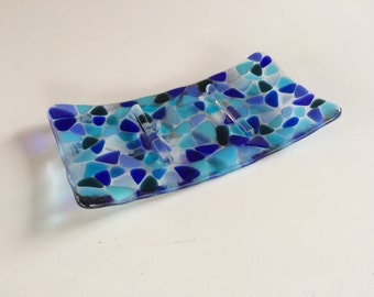 Blue mosaic fused glass soap dish