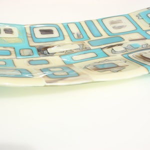 Turquoise fused glass bowl with vanilla and silver accents, a large handmade rectangular glass dish in turquoise, vanilla and silver image 3