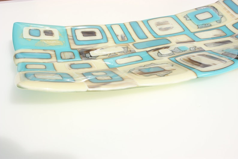Turquoise fused glass bowl with vanilla and silver accents, a large handmade rectangular glass dish in turquoise, vanilla and silver image 3