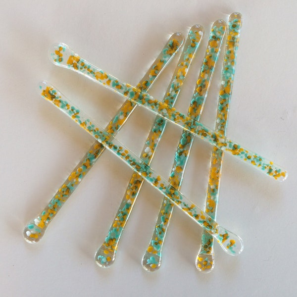 Fused glass stir sticks, set of six teal, orange and white drinks stirrers