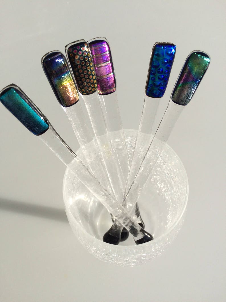 Set of six dichroic fused glass swizzle sticks image 2