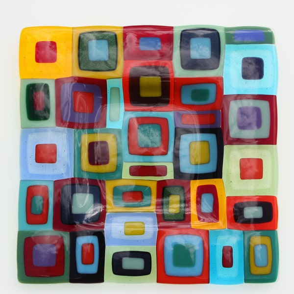 Large multi coloured retro fused glass dish, a colourful 12" square glass plate