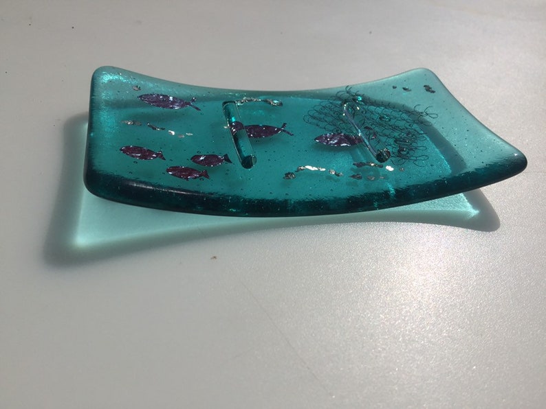 Blue glass soap dish, fish soap dish, glass soap holder image 5