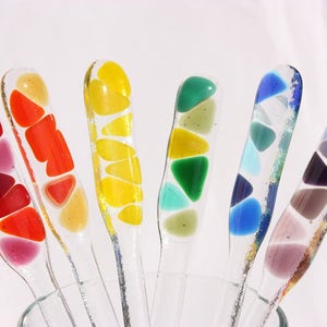 Rainbow swizzle sticks, set of six fused glass cocktail stirrers, wedding stirrers