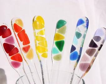 Rainbow swizzle sticks, set of six fused glass cocktail stirrers, wedding stirrers