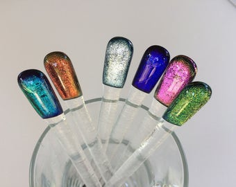 Dichroic fused glass swizzle sticks, set of six glass drinks stirrers for cocktails and parties, Mother's Day gift