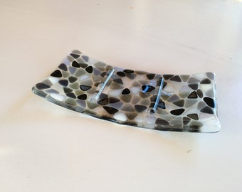 Black, grey and silver mosaic fused glass soap dish