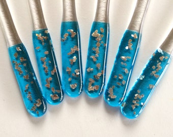 Turquoise and gold fused glass swizzle sticks / drinks stirrers