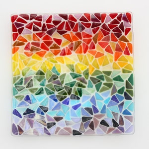 Large square rainbow fused glass dish, a rainbow mosaic glass bowl