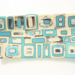 Turquoise fused glass bowl with vanilla and silver accents, a large handmade rectangular glass dish in turquoise, vanilla and silver image 1