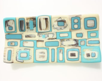 Turquoise fused glass bowl with vanilla and silver accents, a large handmade rectangular glass dish in turquoise, vanilla and silver