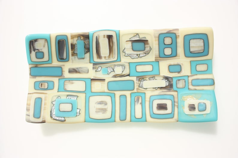 Turquoise fused glass bowl with vanilla and silver accents, a large handmade rectangular glass dish in turquoise, vanilla and silver image 1