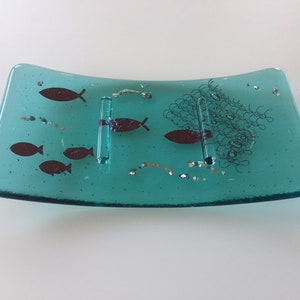 Blue glass soap dish, fish soap dish, glass soap holder image 1