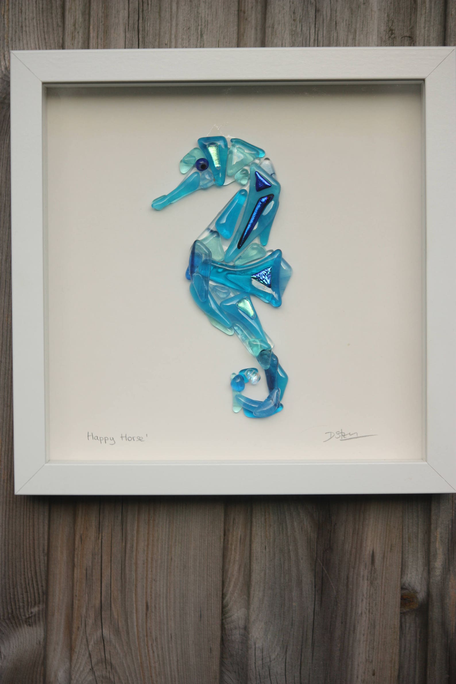 Blue sea horse picture fused glass seahorse in white frame Etsy