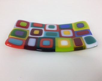 Retro colourful fused trinket dish, colourful soap dish