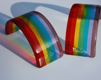 Personalised Pet lover rainbow, pet loss gift, pet memorial rainbow bridge, rainbow with name and pawprint - handmade fused glass rainbow