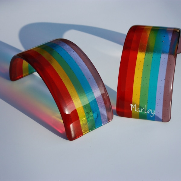 Personalised Pet lover rainbow, pet loss gift, pet memorial rainbow bridge, rainbow with name and pawprint - handmade fused glass rainbow
