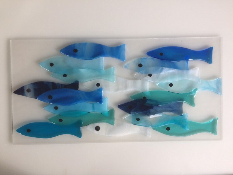 School of Blue Fish Fused Glass Fish Wall Art Mounted Shoal Etsy UK