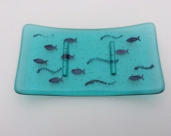 Fused glass soap dish, soapholder with subtle copper fish to match bathroom decor made from glass and copper